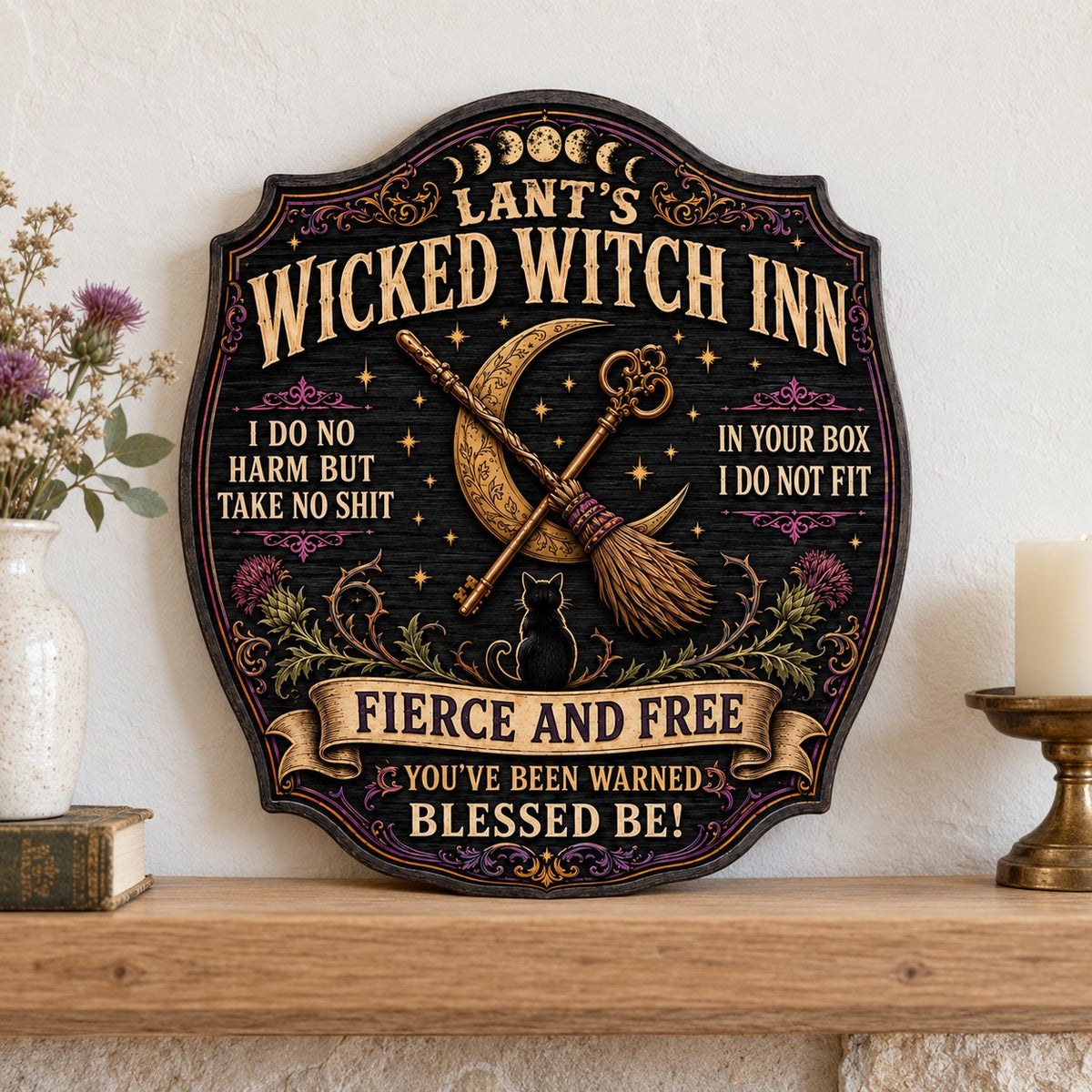 Ornate wooden plaque with moon phases, crescent moon, broomstick, key, black cat, thistles and witchy quotes.