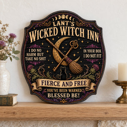 Ornate wooden plaque with moon phases, crescent moon, broomstick, key, black cat, thistles and witchy quotes.