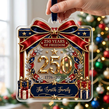 Personalized America 250th Gift Box Acrylic Ornament, Custom Patriotic Holiday Keepsake