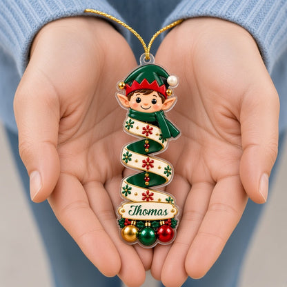 Clear acrylic ornament with elf or reindeer, spiral ribbon body and three dangling baubles, ready to hang on a Christmas