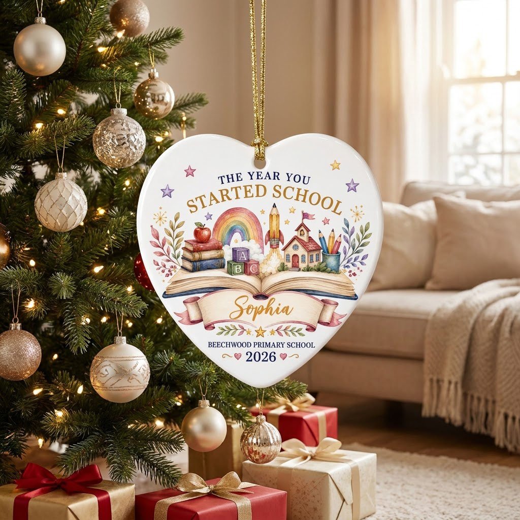 Heart ceramic ornament with an open book, rainbow, schoolhouse, ABC blocks and banner for name, school and year