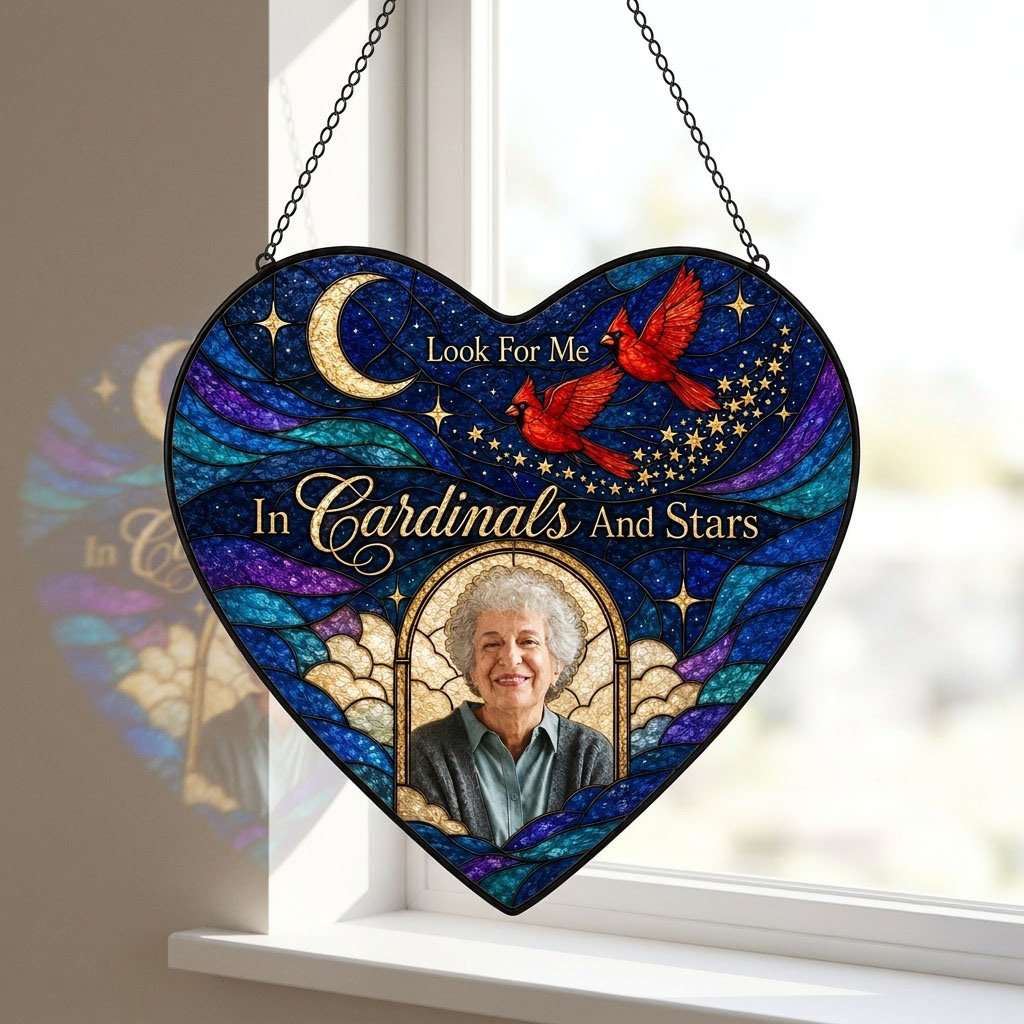 Heart-shaped stained glass suncatcher with night sky, moon, stars, two red cardinals, and a golden photo frame.