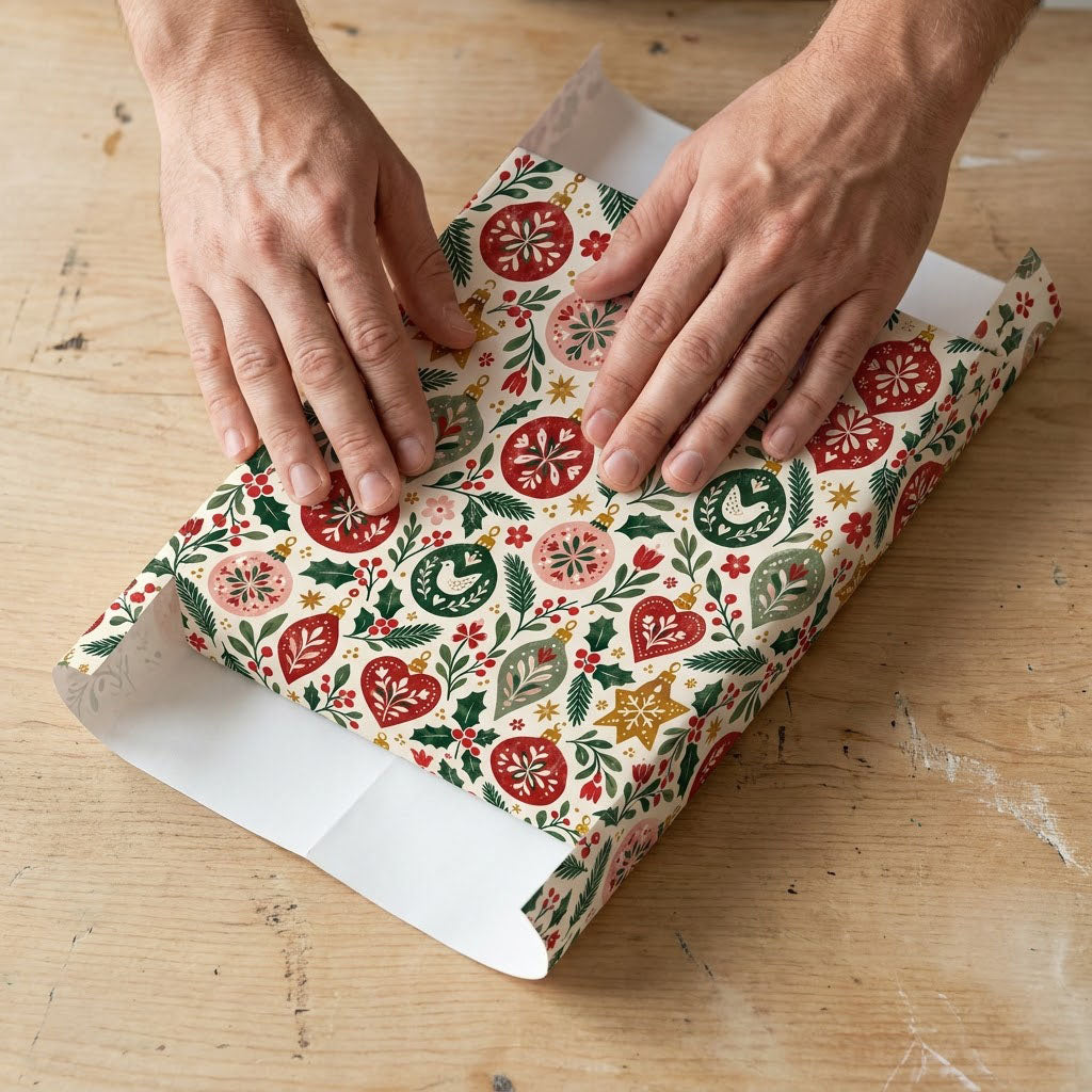 Matte wrapping paper with folk-style red, pink and green ornaments, pine branches, holly and starbursts on cream.