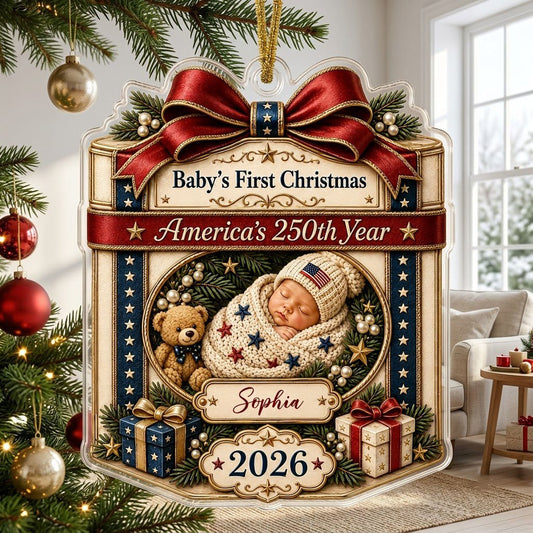 Personalized America 250th Baby's First Christmas Gift Box Acrylic Ornament, Custom Patriotic Keepsake