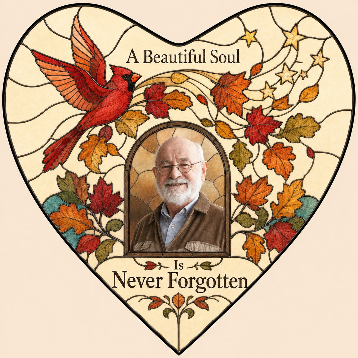 Heart stained glass suncatcher with flying red cardinal, autumn leaves, gold stars, and a central photo frame.