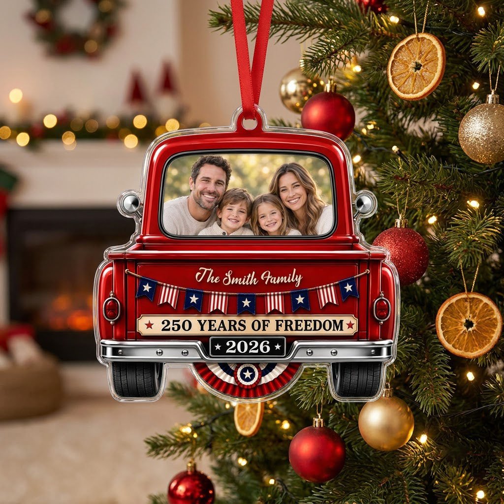Red vintage pickup truck acrylic ornament with family photo window, 2026 and 250 YEARS OF FREEDOM text.