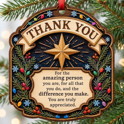 Ornate arch wood ornament with “THANK YOU” message, eight-point star, evergreens, berries, colorful lights, and snowflak