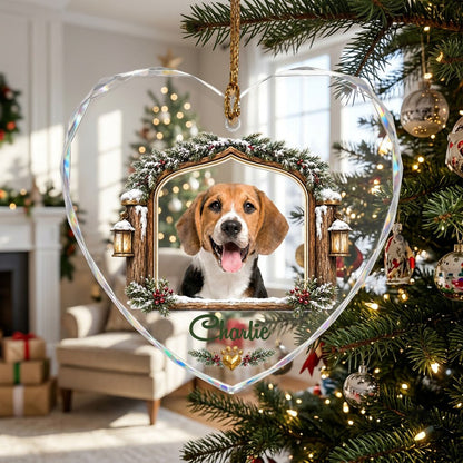 Personalized Dog Photo Rustic Window Lanterns Heart Glass Ornament