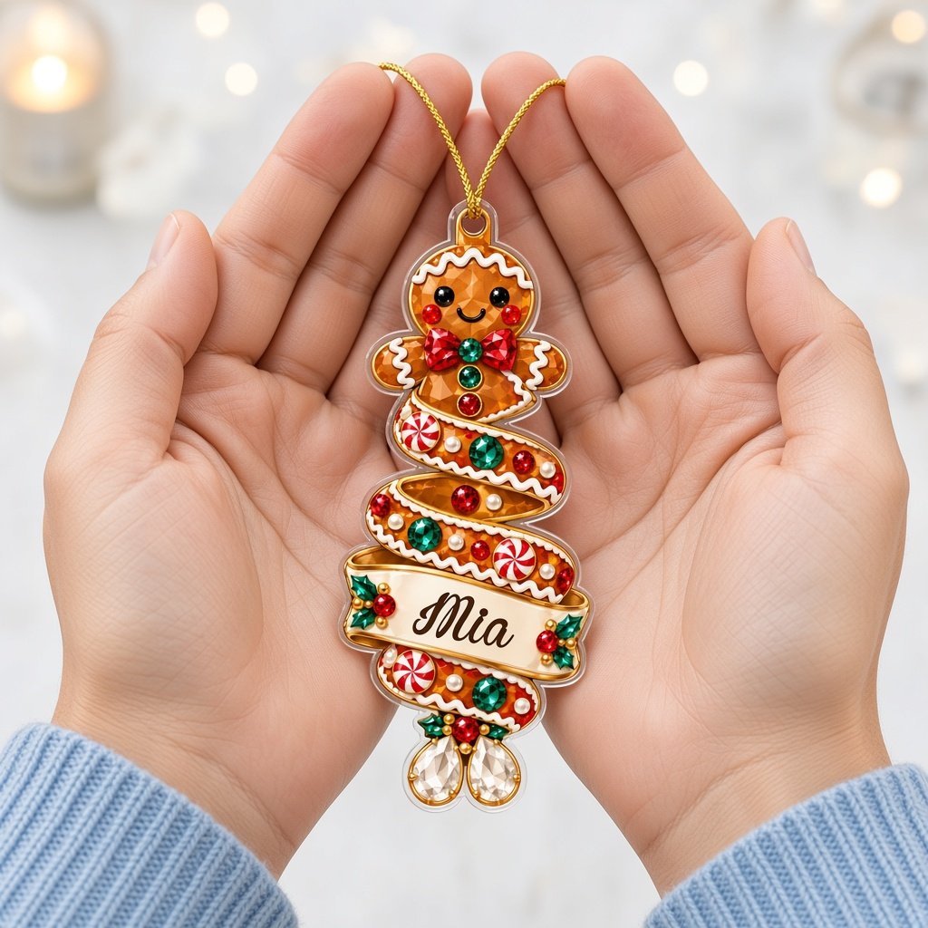 Custom-cut acrylic ornament with a gingerbread man or penguin on spiraling ribbons with a scroll name banner