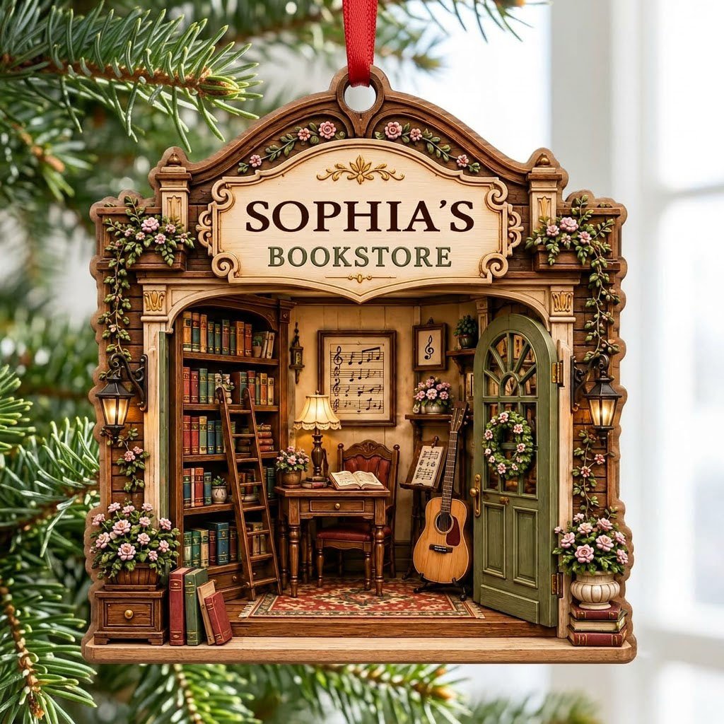 Arched storefront wood ornament with a cozy bookstore diorama and "BOOKSTORE" text, personalized with a name.