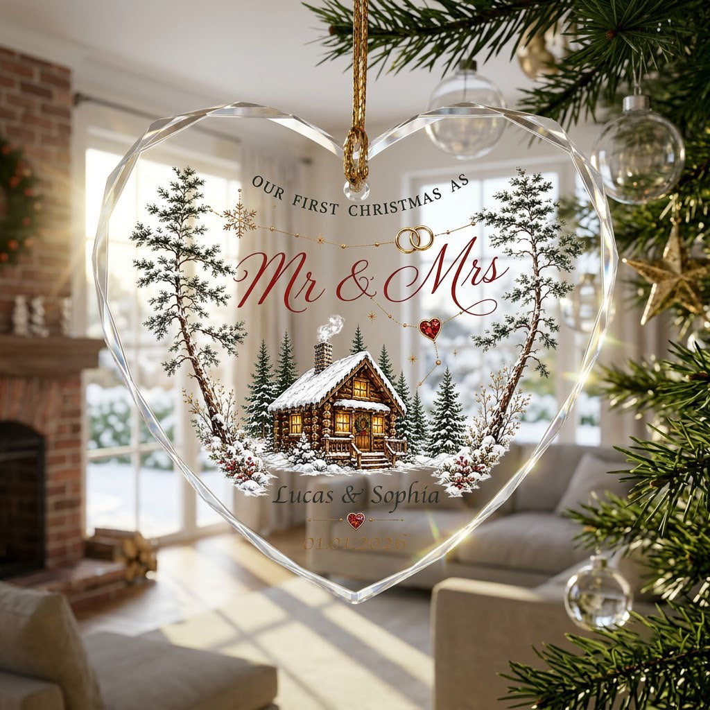 Personalized Our First Christmas as Mr & Mrs Winter Cabin Heart Glass Ornament