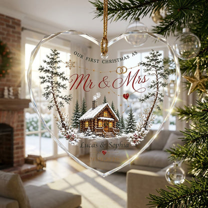 Personalized Our First Christmas as Mr & Mrs Winter Cabin Heart Glass Ornament