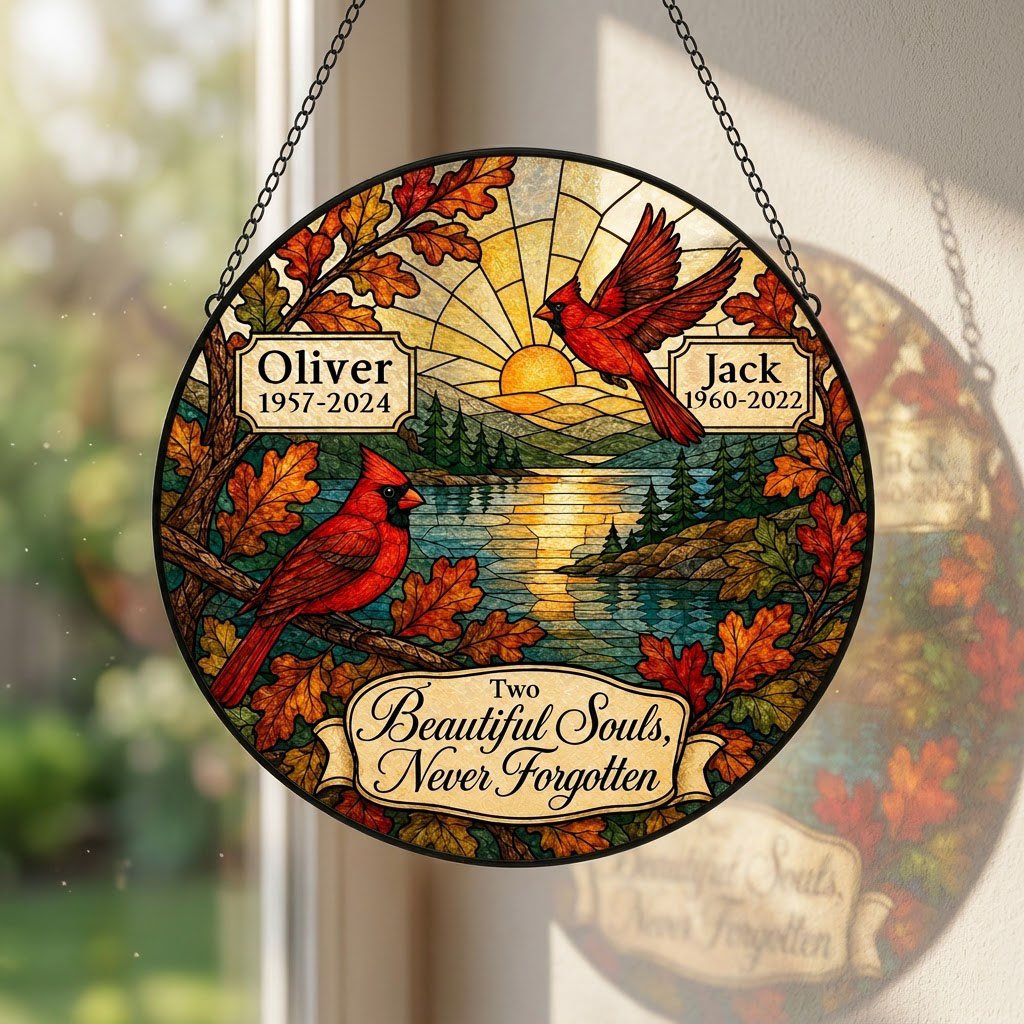 Two red cardinals with a glowing sun over a mountain lake and pine trees, framed by autumn oak leaves on a round suncatc