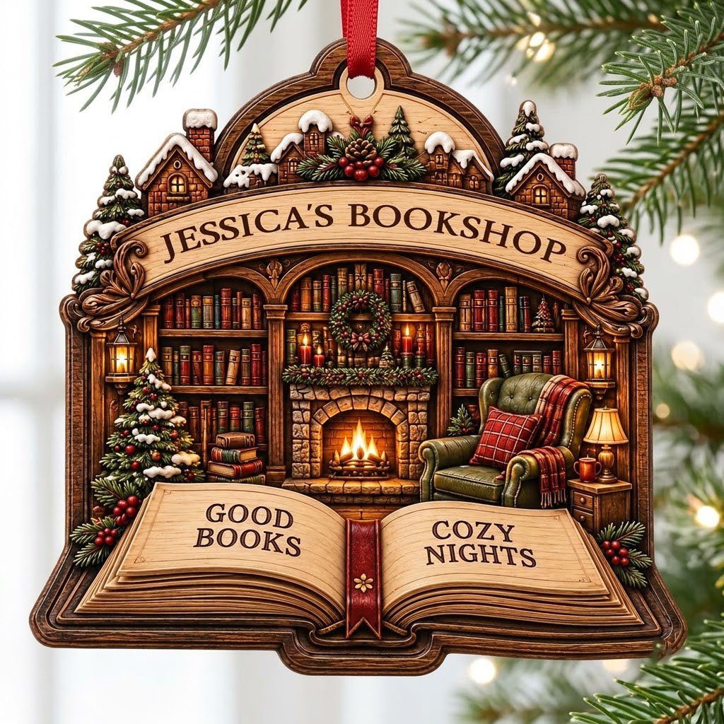 Custom-cut wood ornament with arched loop and open book base, cozy bookshop scene with tree, fireplace, armchair.