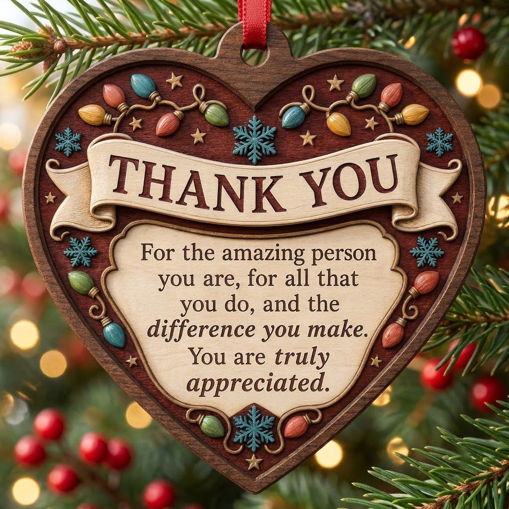 Heart-shaped wood ornament with THANK YOU message, string lights, snowflakes and stars on a burgundy background.