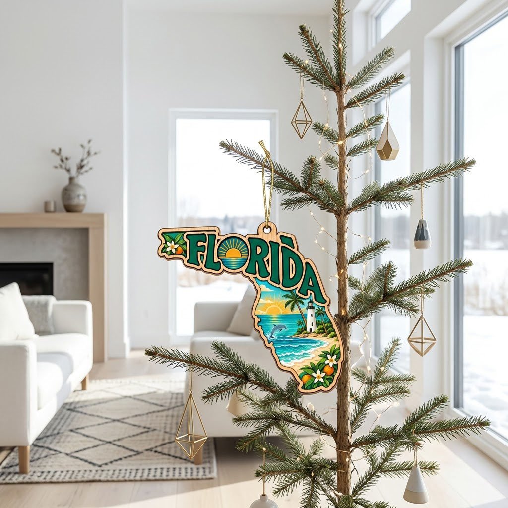 Florida state wood ornament with "FLORIDA", beach waves, dolphin, lighthouse, palm trees, and orange blossoms.