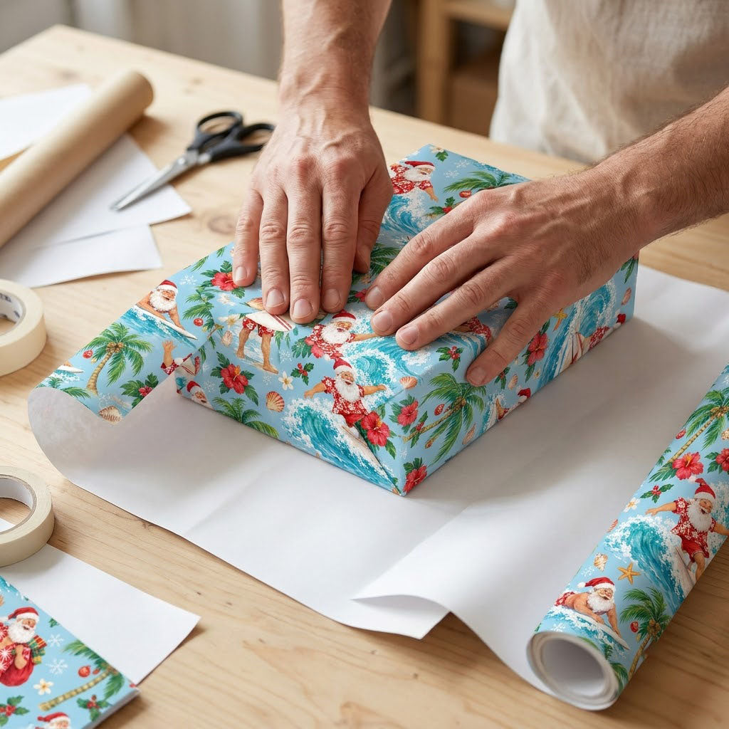 Surfing Santa with palm trees, hibiscus, starfish and seashells on light blue tropical wrapping paper.