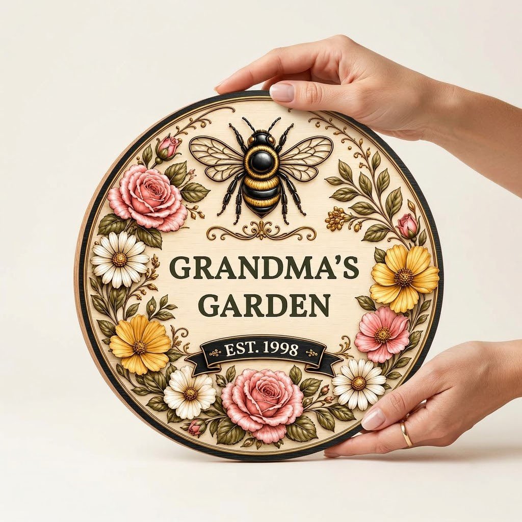 Round wooden sign with 'GRANDMA'S GARDEN', a gold-and-black bee, floral wreath, and EST. year on a light wood background