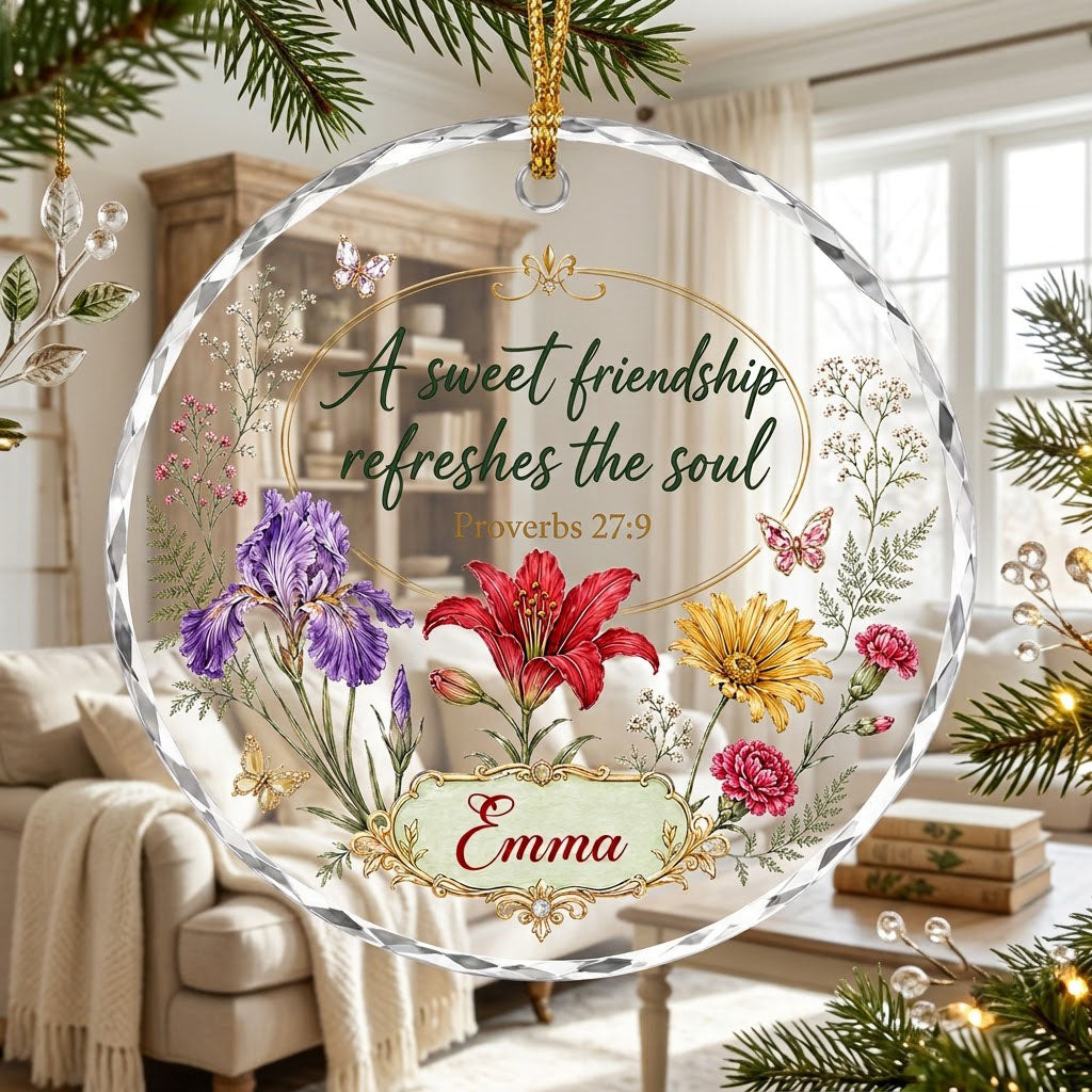 Round faceted glass ornament with florals, gold accents, butterflies, and 'A sweet friendship refreshes the soul'.