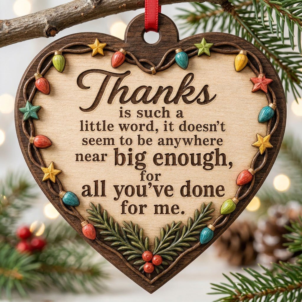 Heart-shaped wood ornament with a lights-and-stars border, pine sprigs with red berries, and a gratitude quote.