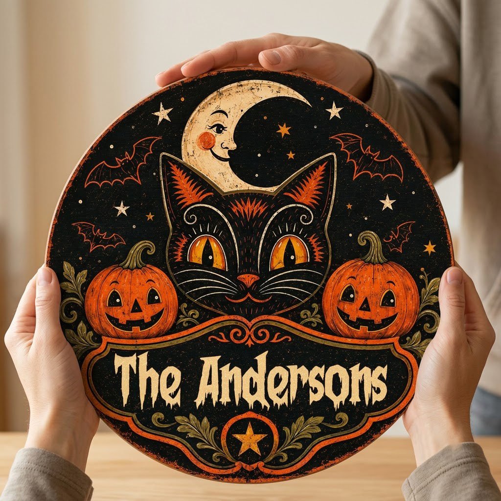 Round wooden sign with vintage black cat face, crescent moon, pumpkins, bats, stars and custom family name.
