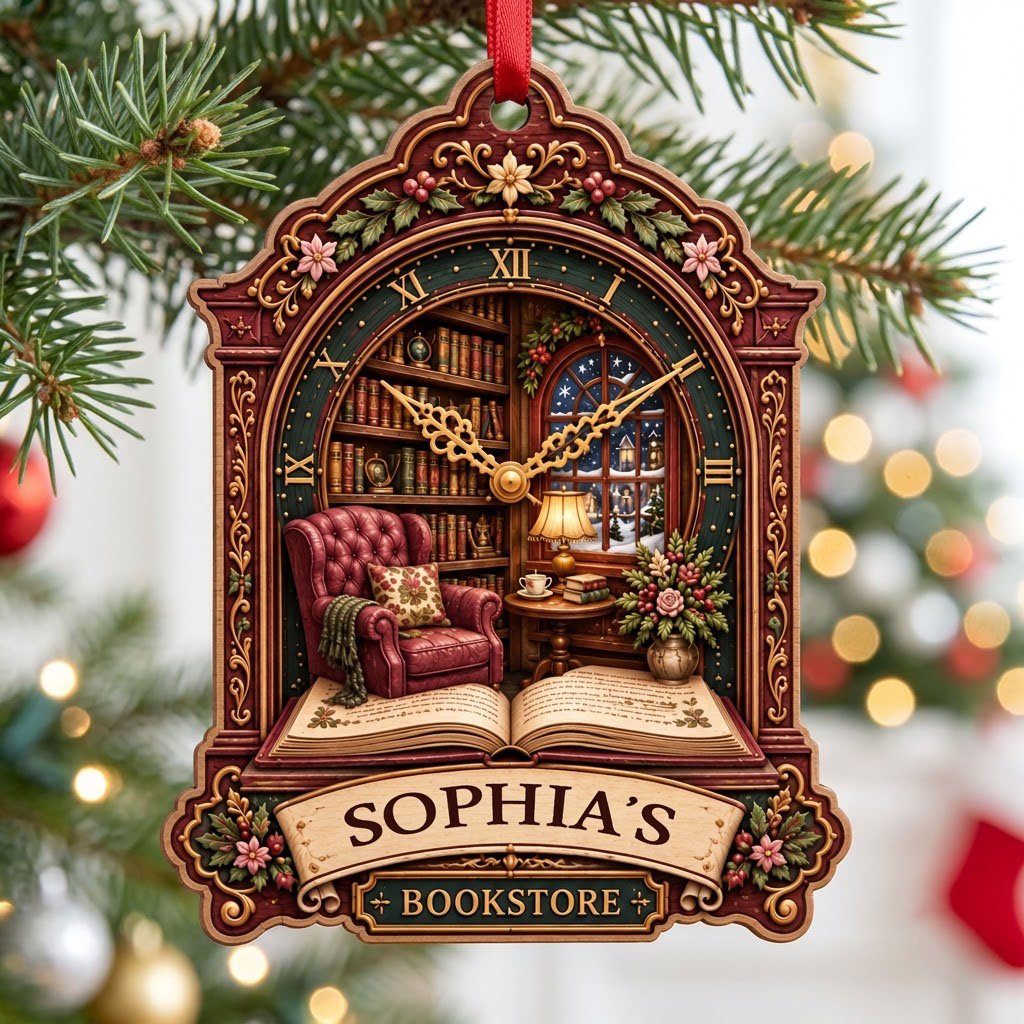 Ornate clock-shaped wood ornament with cozy bookstore scene, red armchair, bookshelves, arched window, and “BOOKSTORE” s