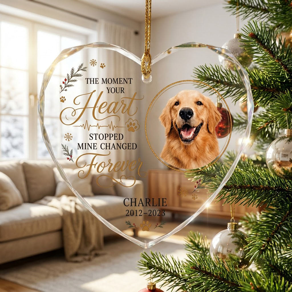 Personalized Dog Memorial Photo The Moment Your Heart Stopped Heart Glass Ornament