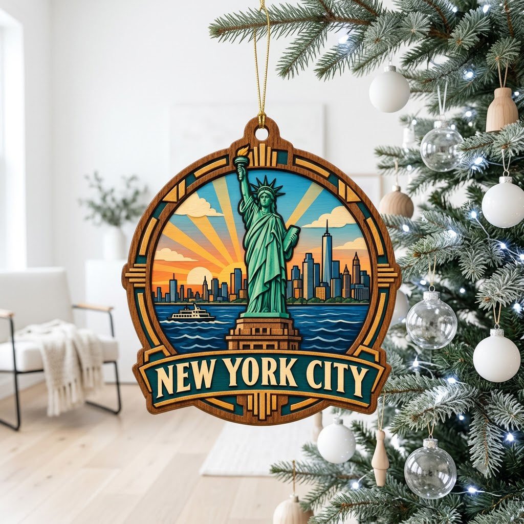 Wood ornament with Statue of Liberty, NYC skyline, ferry and sunrays in an Art Deco frame reading NEW YORK CITY.