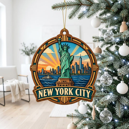 Wood ornament with Statue of Liberty, NYC skyline, ferry and sunrays in an Art Deco frame reading NEW YORK CITY.