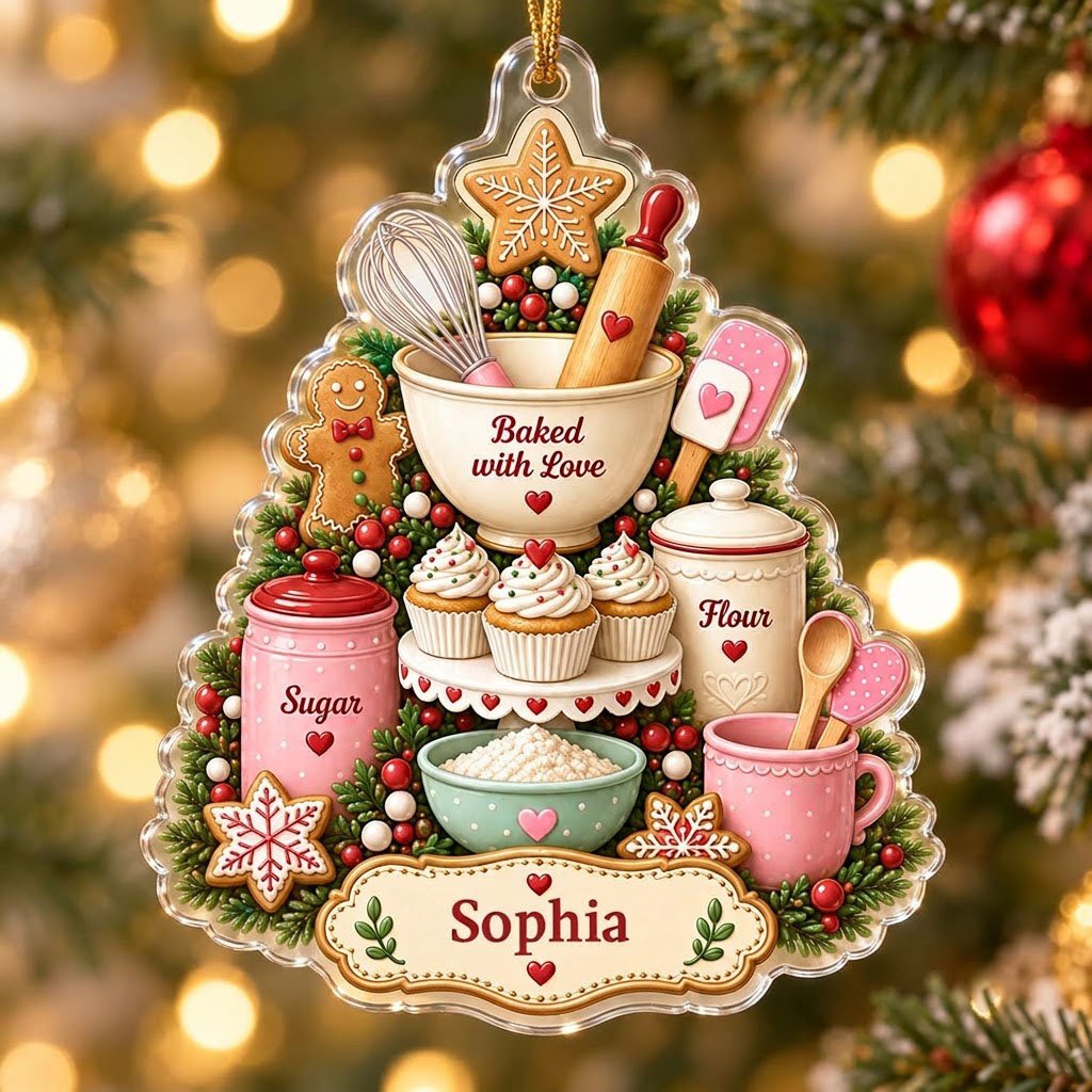Baking-themed tree acrylic ornament with gingerbread star, cupcakes, utensils, and a name banner.