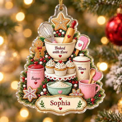 Baking-themed tree acrylic ornament with gingerbread star, cupcakes, utensils, and a name banner.