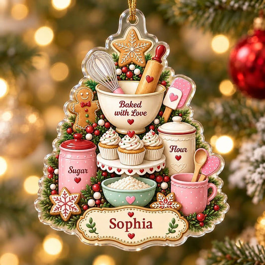 Baking-themed tree acrylic ornament with gingerbread star, cupcakes, utensils, and a name banner.