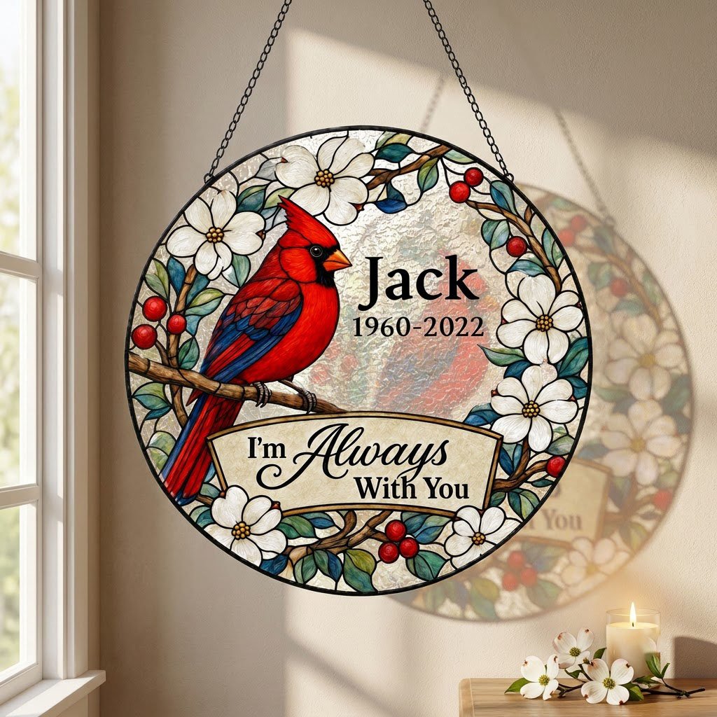 Round stained glass–style suncatcher with a red cardinal on a branch, white flowers, red berries, and a scroll banner.