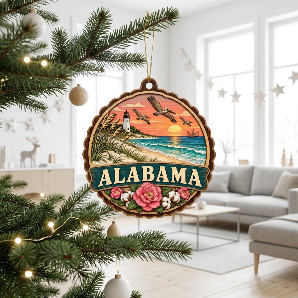 Scalloped wood ornament of an Alabama coastal scene with lighthouse, pelicans, camellias, cotton, and teal banner
