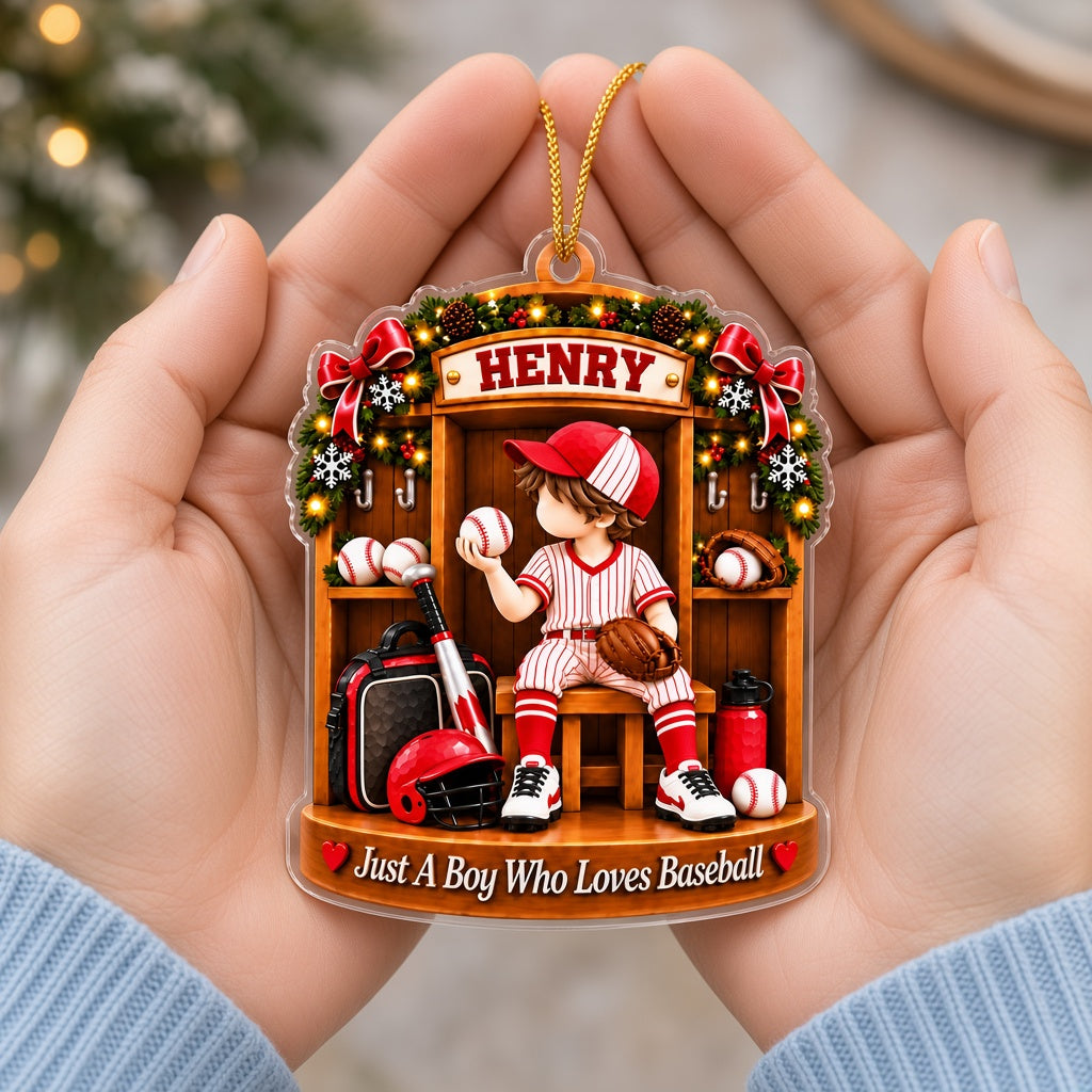 Acrylic ornament of a boy in red pinstripe baseball gear in a locker with garland and 'Just A Boy Who Loves Baseball'.