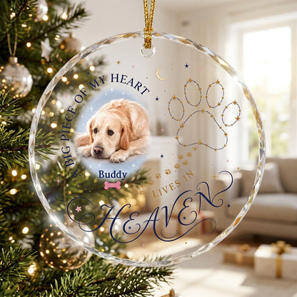 Personalized Dog Memorial Photo A Big Piece Of My Heart Lives In Heaven Round Glass Ornament