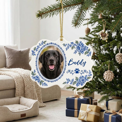Scalloped medallion ornament with blue-green Delft floral border, dog photo left, blue paw print and name Buddy