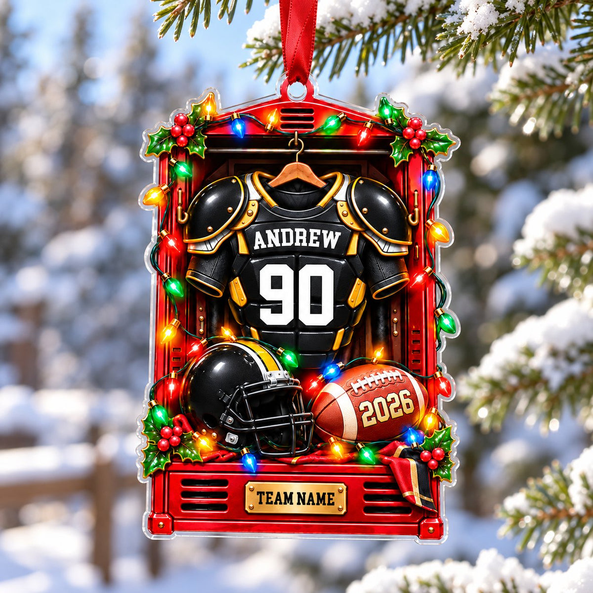 Acrylic ornament of a football locker with black-gold jersey, helmet and lights, personalized with name, number, year an