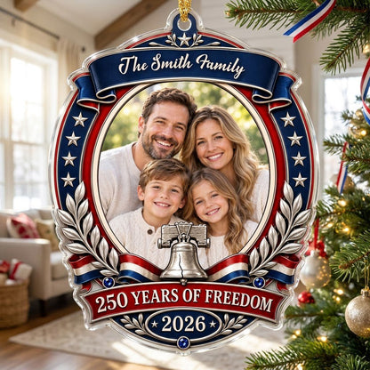 Custom-cut acrylic ornament with patriotic frame, center photo, silver Liberty Bell, laurel branches and blue star bands