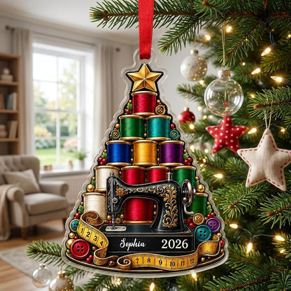 Personalized Vintage Sewing Tree Acrylic Ornament, Custom Quilter Seamstress Keepsake