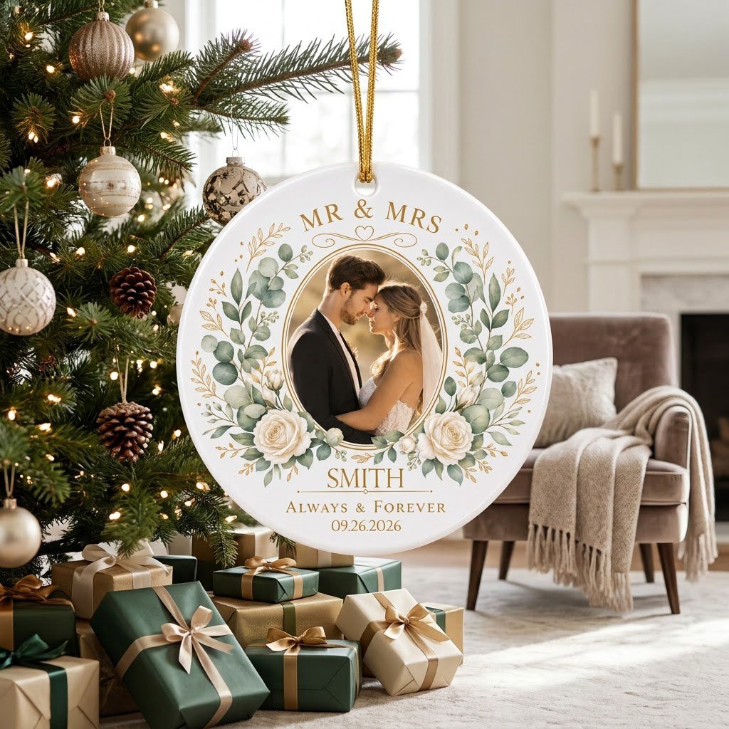 Round ceramic ornament with eucalyptus and white rose wreath, gold accents, MR MRS ALWAYS & FOREVER, photo, surname, and