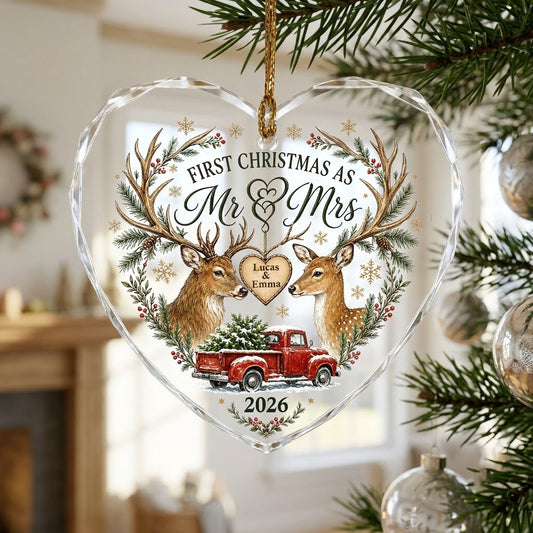 Personalized First Christmas as Mr & Mrs Deer Antlers Red Truck Heart Glass Ornament