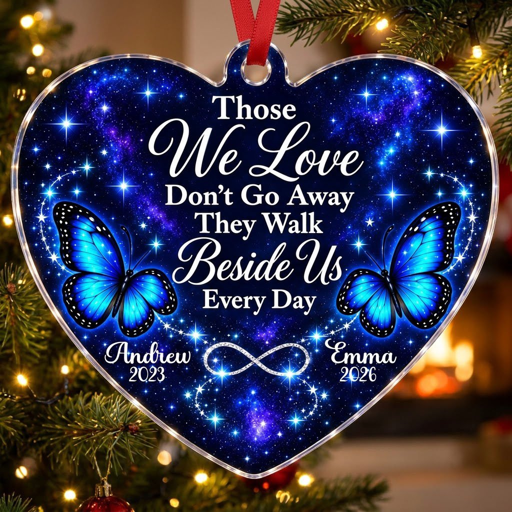 Heart acrylic ornament with blue butterflies, starry galaxy background, and the memorial quote with name and year.