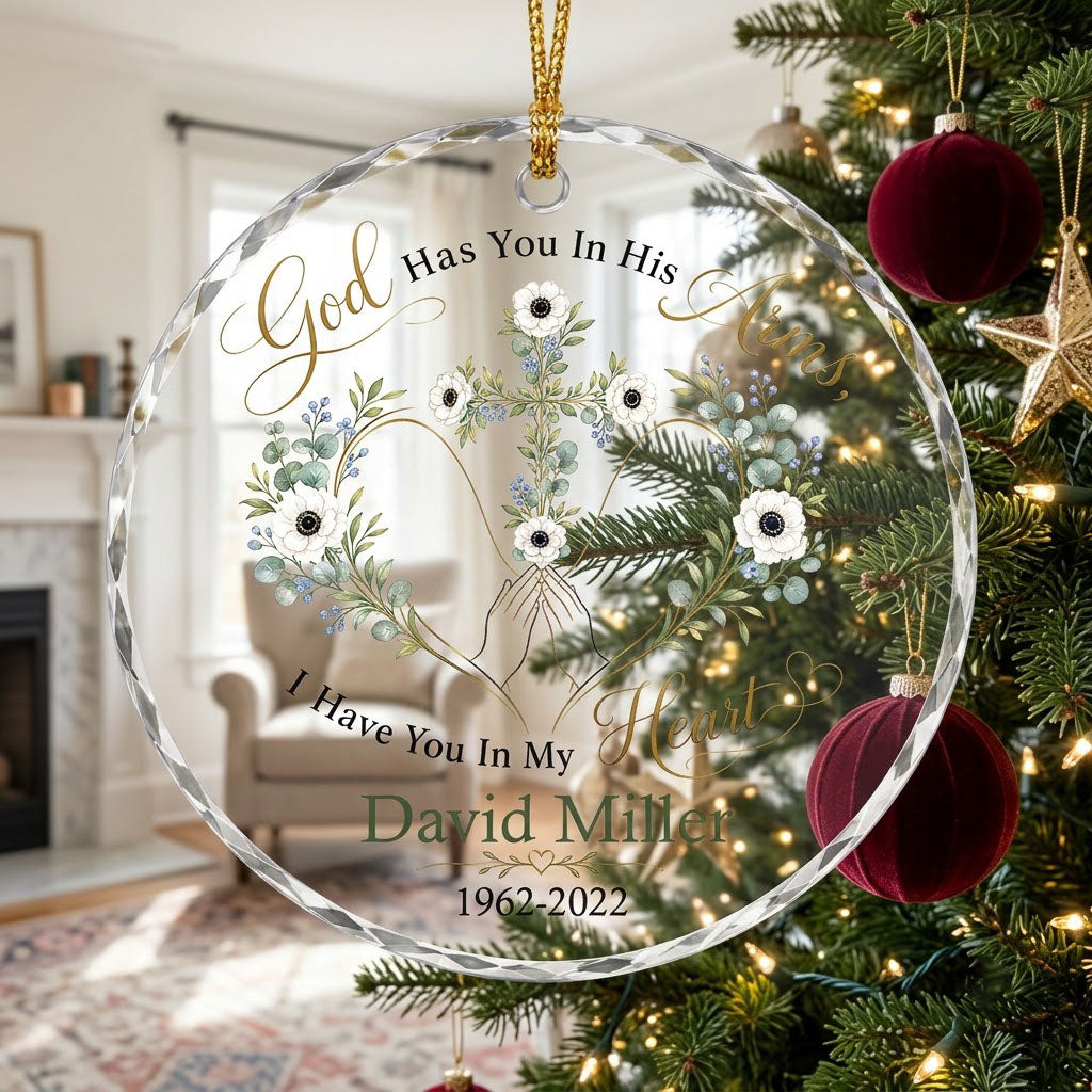 Personalized Praying Hands Botanical Cross Memorial God Has You In His Arms Round Glass Ornament