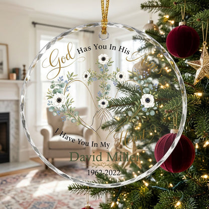 Personalized Praying Hands Botanical Cross Memorial God Has You In His Arms Round Glass Ornament