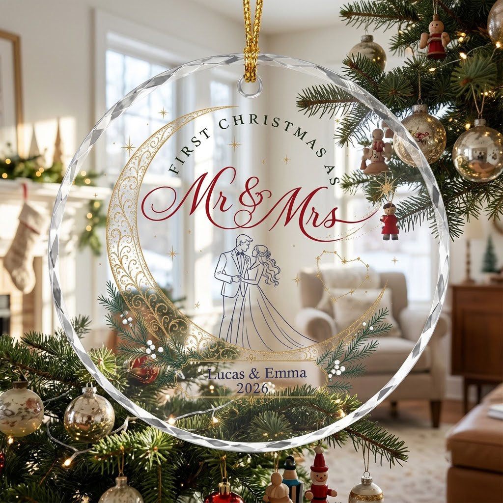 Personalized First Christmas as Mr & Mrs Crescent Moon Round Glass Ornament