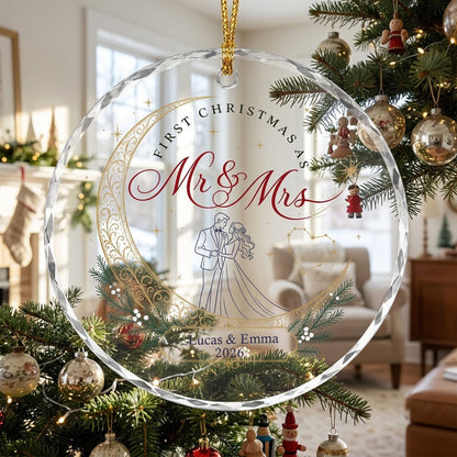 Personalized First Christmas as Mr & Mrs Crescent Moon Round Glass Ornament