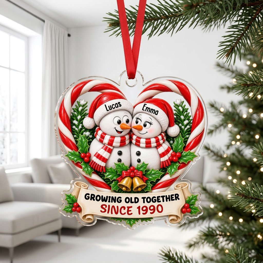 Two snowmen touching noses inside a candy-cane heart with holly, gold bells, and a scroll banner with names and year.