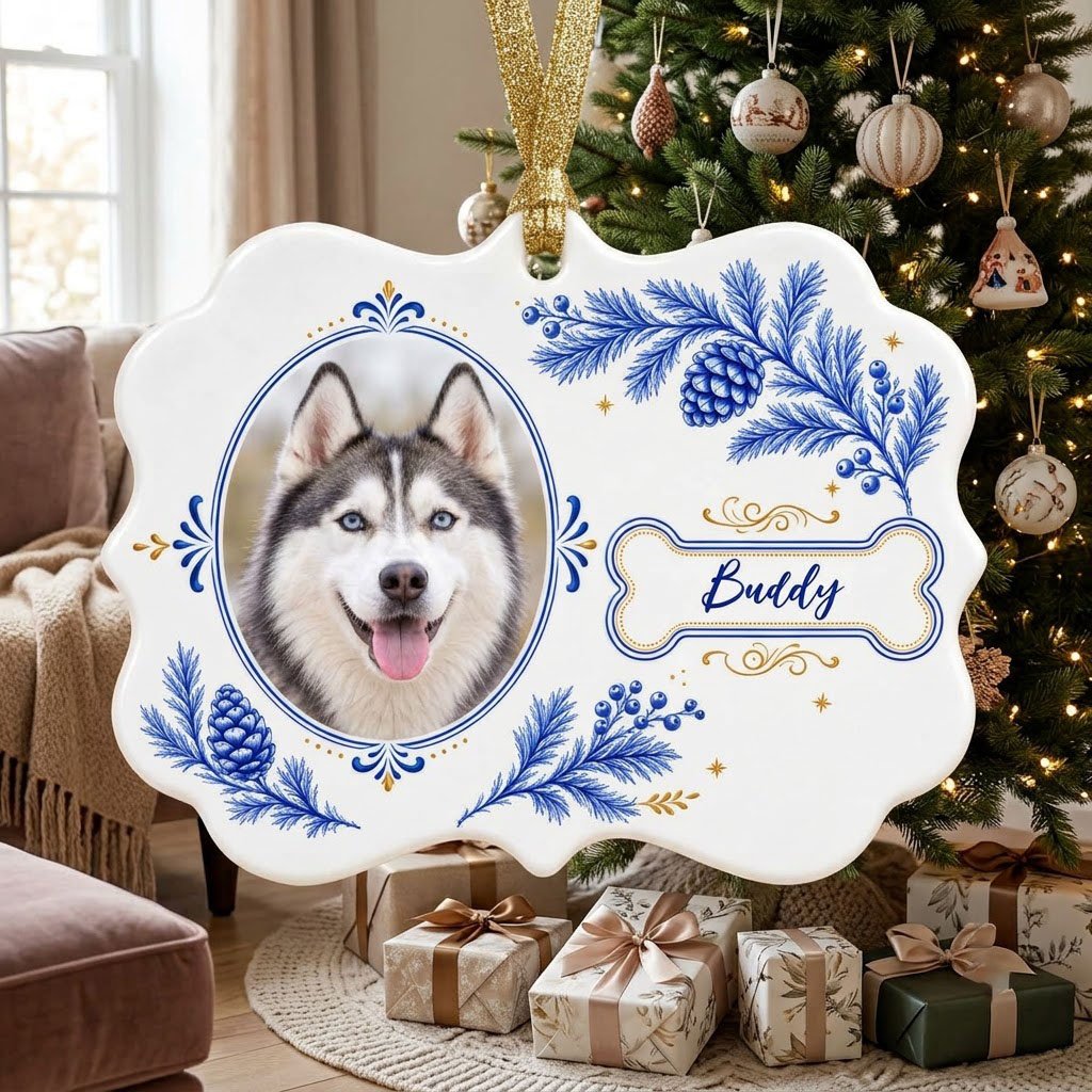 Medallion ceramic ornament with blue and gold filigree, bone name banner, and a custom husky dog photo on white.