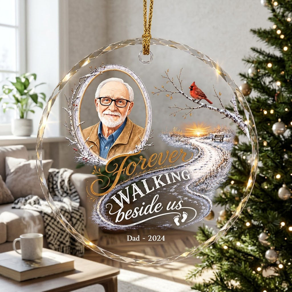 Round glass ornament with birch oval frame, custom photo, red cardinal, winter path and bench, and 'Forever WALKING besi